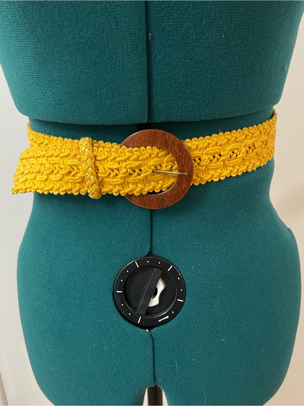 Vintage Yellow Crochet Macrame Belt with Wooden Buckle